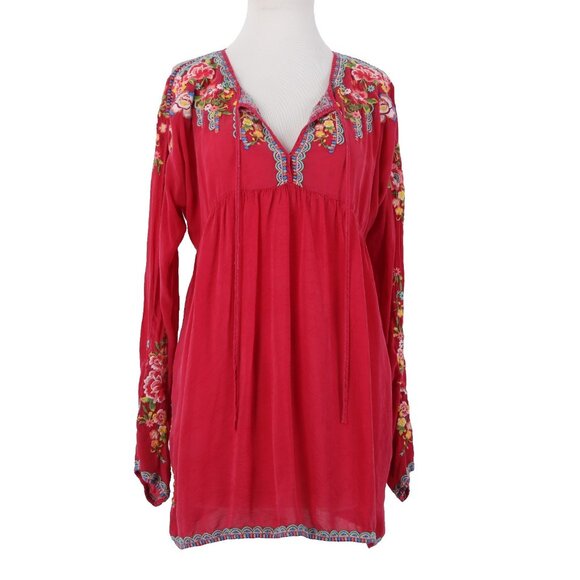 Johnny Was Sz L Deep Pink Floral Lotus Embroidered Empire Waist Rayon Blend Top - Picture 1 of 12